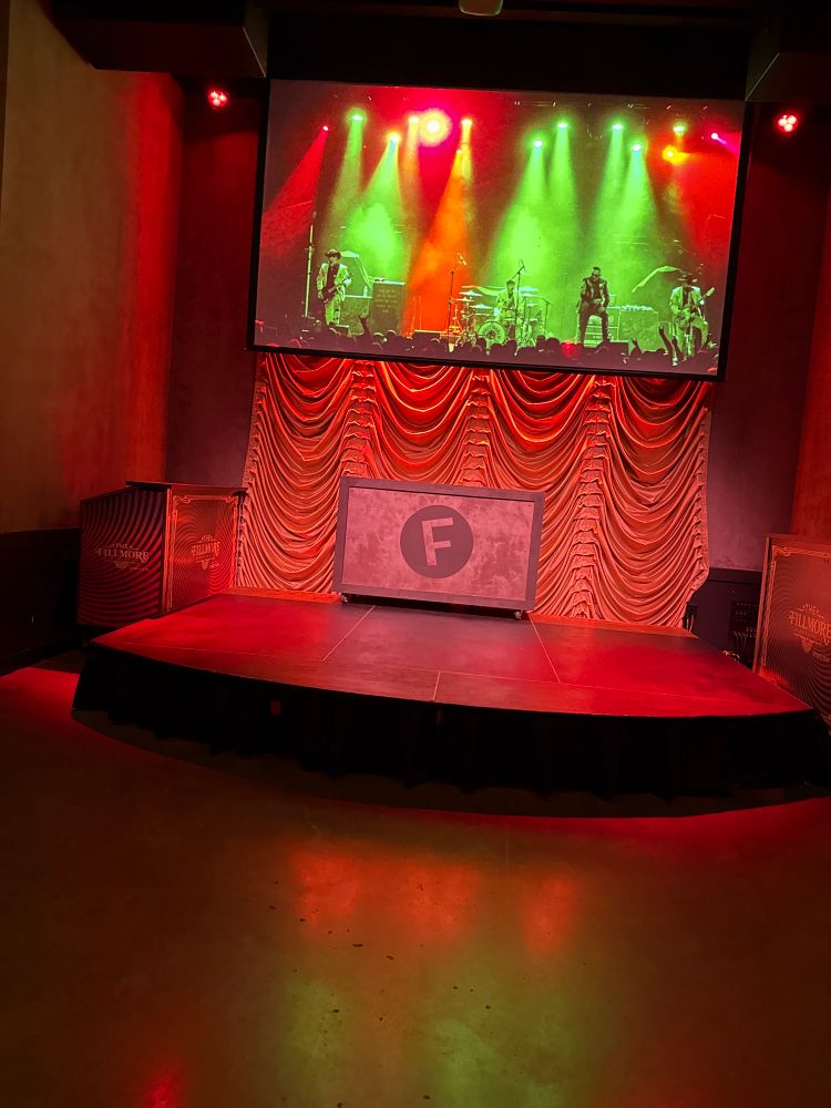 A large screen with a metal band playing in a mostly empty room, as seen from comfortable bar stools.