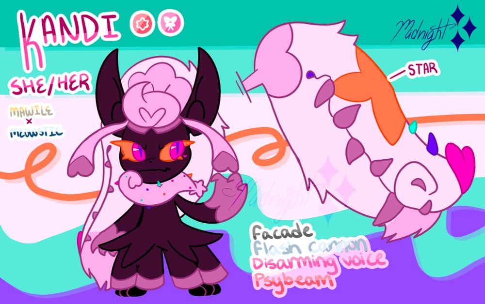 A colorful pokemon that is a cross between a mawile and a meowstic