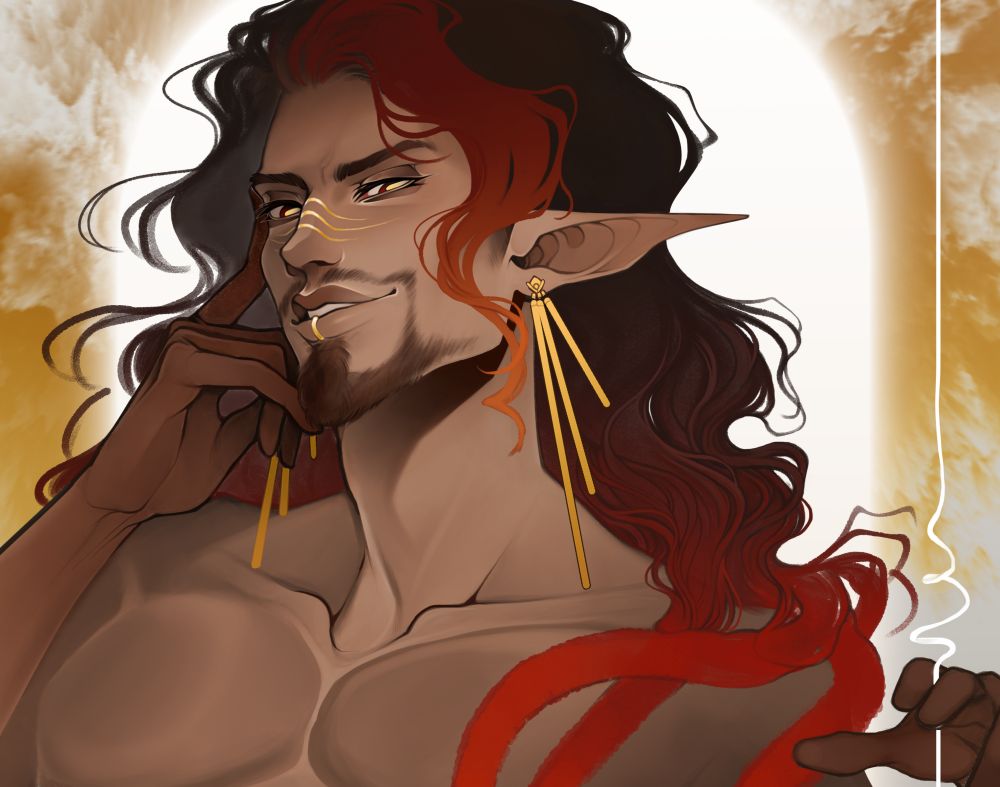 A cropped profile of a smug masculine character with tapered, elf-like ears and long, dark hair that gradients from red to light orange and turns into multiple braids.
He has gold earrings with three prongs, and 3 gold scar markings across his nose.