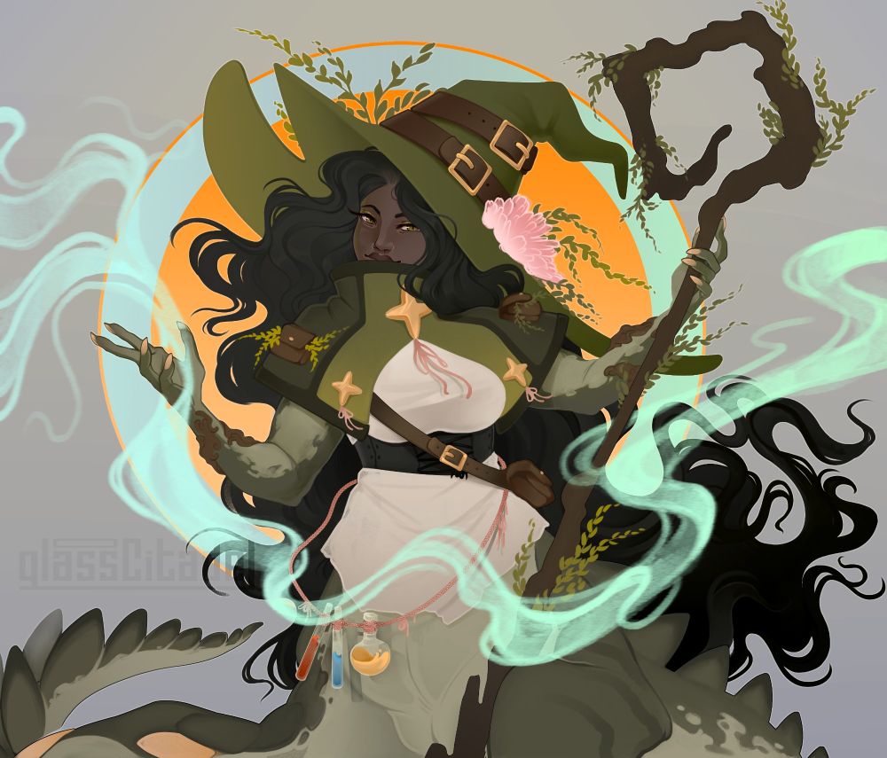 Halfbody commission of a fem swamp witch taur character, with the lower half alligator-like, and an overall gold and green color scheme. She holds a hand out as green and blue magic mists about her, and the other hand holds a branchy staff. She has very long black hair, and a pink flower atop her huge conical hat.