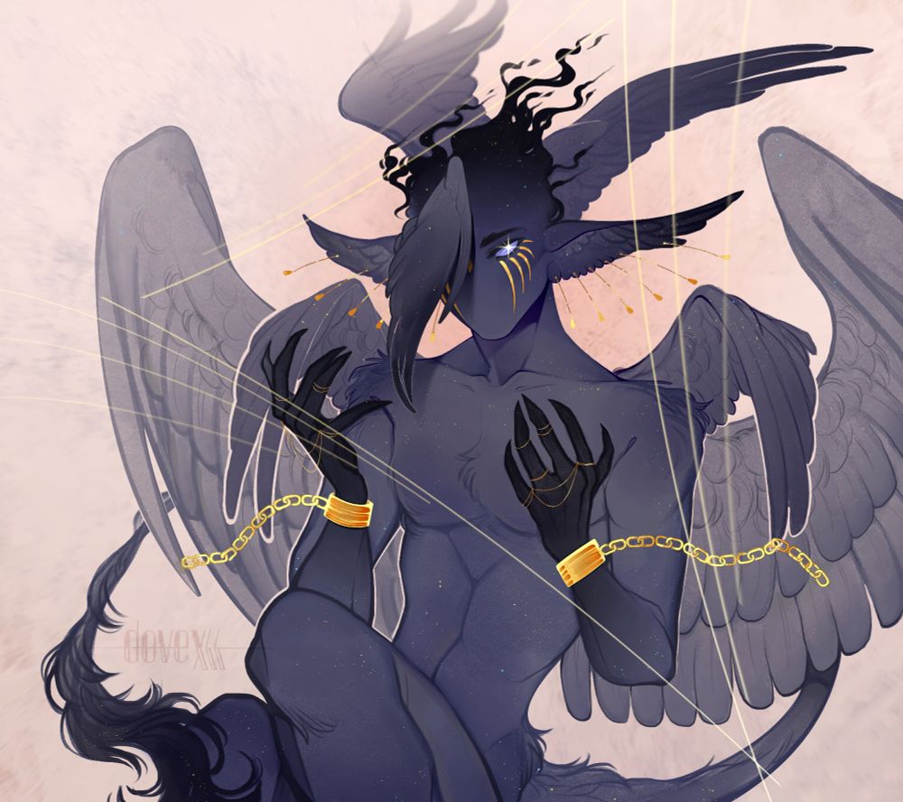 A halfbody drawing of an androgynous angel character with a dark blue-ish purple feathered body and wispy, nose and mouthless head. They have three headwings with one covering their right eye, and two long, feathered ears. Two small wings rest behind their shoulders, and the largest pair below.
Golden shackles are worn on the wrists, and a tufted tail swoops around them, coming to rest before their pulled up knees.
