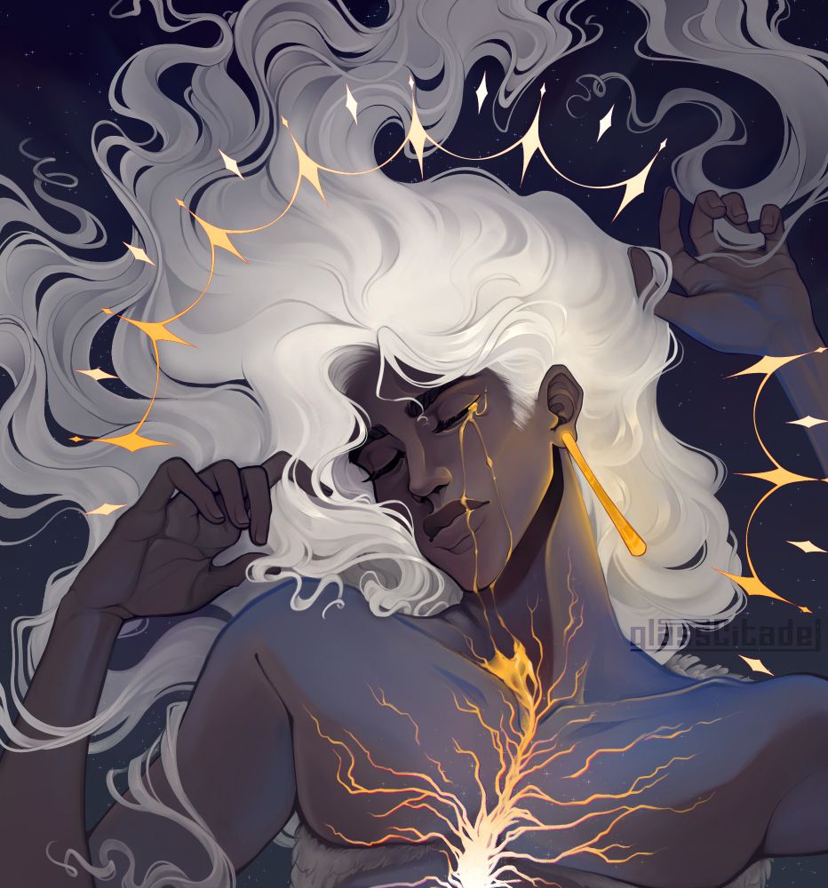 Illustration bust of a male oc with long white hair, sleeping with gold tears running down his face that pool into his neck and meet with gold cracks up his chest.