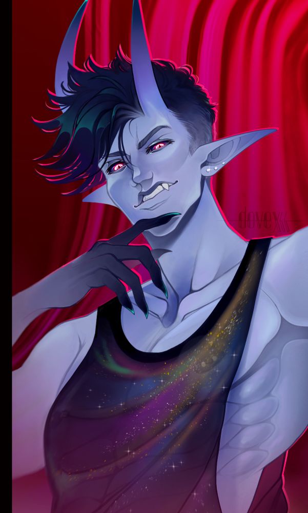 A chest up digital drawing of a muscular, horned male character with lightly iridescent, blue-toned skin grinning at the viewer confidently, a clawed hand coming up to rest before his chin.
He wears a dark, glittery tank-top with swirls of galaxy colors.
