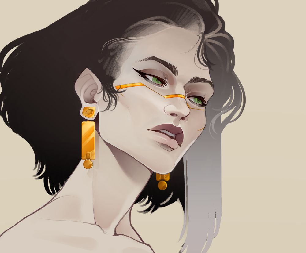 A cropped digital wip of Sentavva, a female character with pale skin and green eyes. She has ears that have a slight point and large gauges with a signature design that dangles from it. Her hair is nape-length and almost black, with a longer part on her left side that fades into grey.
She has a gold cybernetic strip across her cheeks and nose.