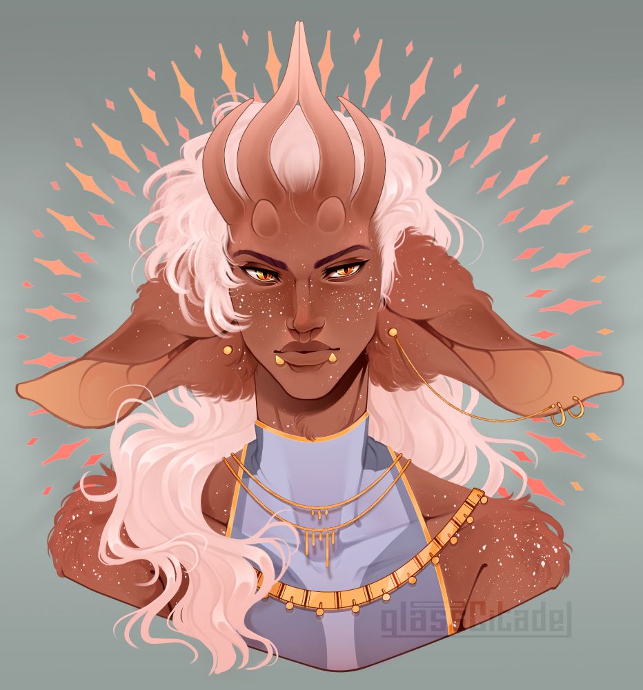A bust drawing of Ezra, a faun-eared, femme male character with long, flowing light pink hair and three pairs of horns on his forehead in varying lengths. The fur on his skin is speckled in white spots, and he wears many gold jewelry pieces.
