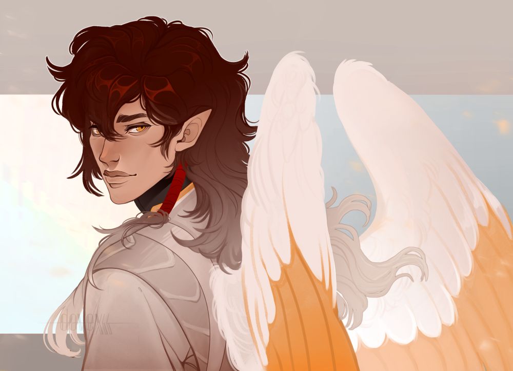 A bust drawing of a pointy-eared male character looking over his shoulder with a small smile past the viewer with his back turned. His medium-length hair flows behind him between two white wings in a gradient from dark red to off-white. The primary and secondary feathers of the wings are a bright orange-gold.