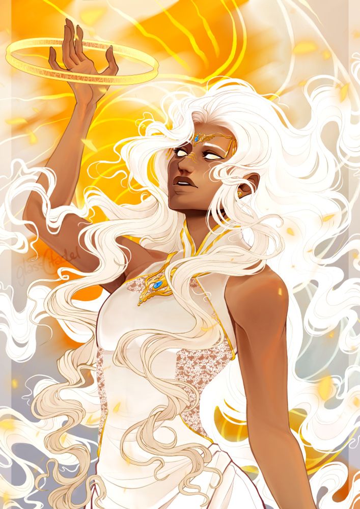 Halfbody of a female oc [Auriel] in a lacy white, sleeveless dress with her long white hair wild around her, eyes whited out. Three gold markings cross the bridge of her nose and a delicate gold circlet with a bright blue stone is worn on her forehead, with a similarly designed necklace.
She raises a hand high to create a rune circle above her head.