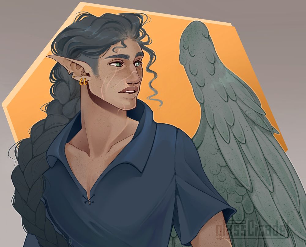 Bust drawing of a handsome male oc with face scars and pointed ears, and greyish-teal wings belonging to cayestone xoxo The sides of his head are shaved and the long hair is pulled back into a braid