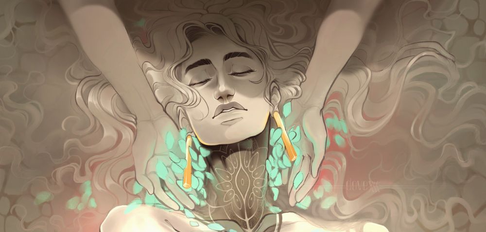 A wide portrait drawing with limited color of a femme male oc (Eden) lying in water, asleep, his long hair spreading out around him.
Two hands gently gather bright teal flower petals against the sides of his neck.