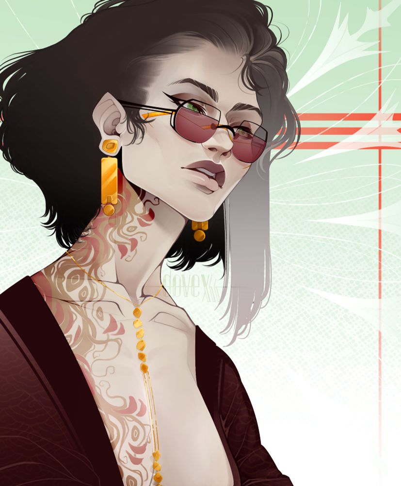 A digital portrait drawing of a pale woman wearing maroon-tinted glasses with nape length, almost black hair, a longer side on her left that fades to gray.
She wears large, gold statement earrings and a cybernetic gold strip across her nose and cheeks, and a gold necklace that falls down the center of her chest.
A vague tattoo is scribbled from the side of her neck down her chest.