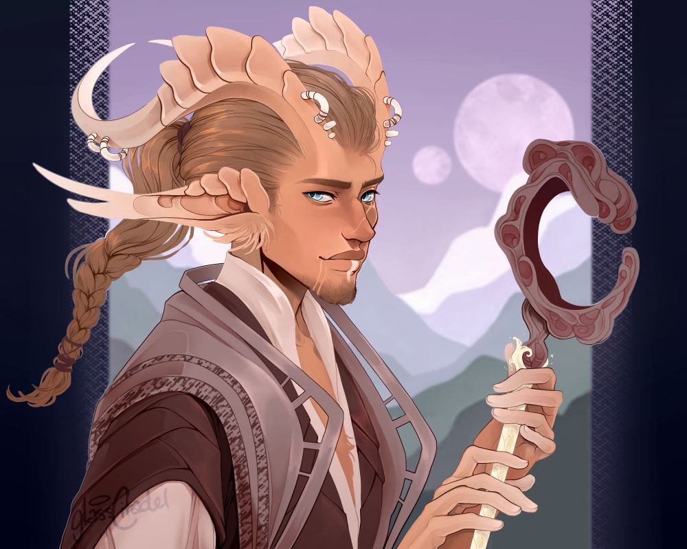 A bust drawing of Vhaenerys, a shifter with long ears and large, curved horns with piercings in them. He holds a crescent shaped staff and has a braided ponytail.