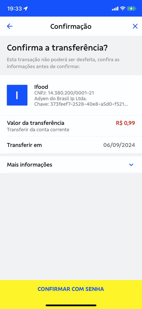Print da tela do Banco do Brasil na aba do pix pedido para confirmar o pix de 0,99 para o iFood