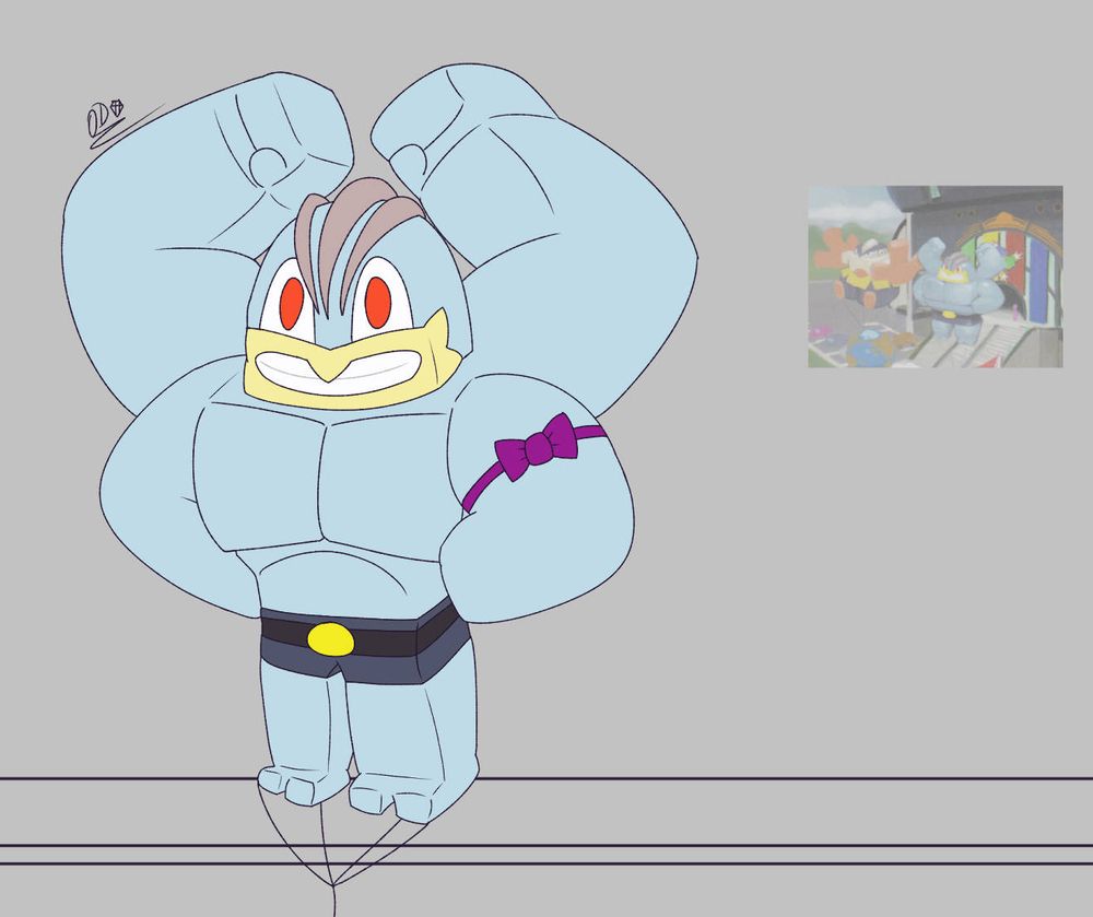  a blocky machamp balloon with my signature bow tie (for totally not suspicious reasons). Low effort sidewalk in the background. Based off of concept art for the battle royal dome from pokemon sun and moon, which I show, transparent on the side.