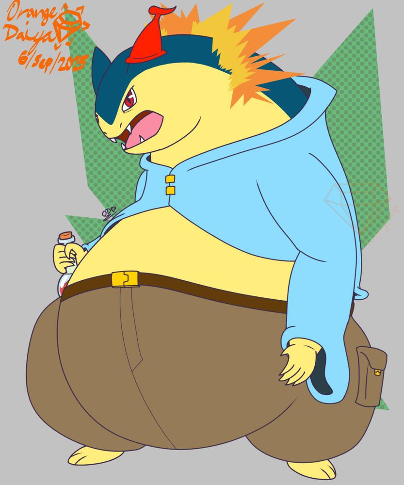 A fat Typhlosion wearing a baggy coat, pants and a hat, holding a potion