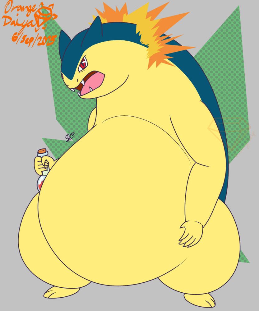 A fat Typhlosion holding a potion