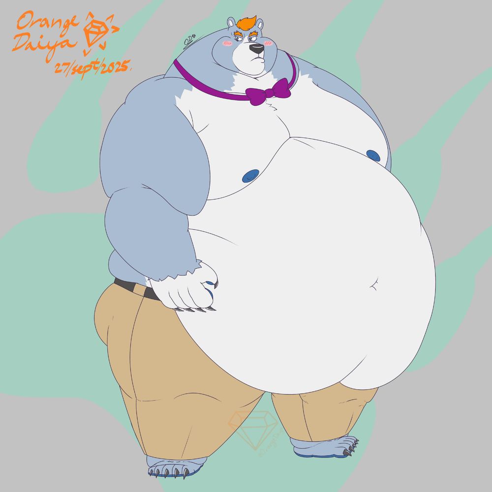 Jazz as an obese bear shirtless and in tan pants blushing and looking away.