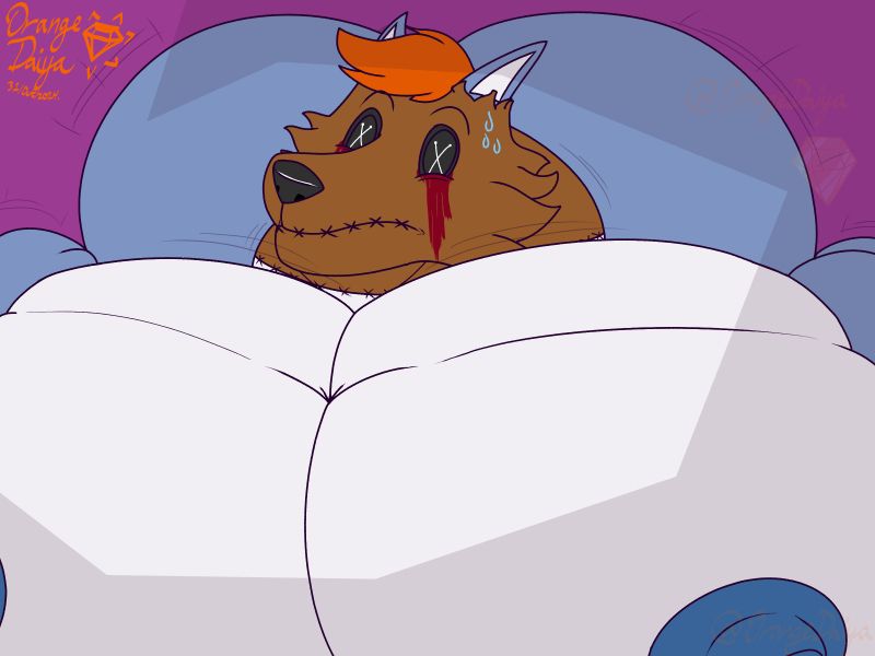 A werewolf wearing a cursed scarecrow mask with fake blood streaming down his button eyes, grows even bigger due to exposure to an unusual moon in the sky. You can only see the shadow said moon is casting