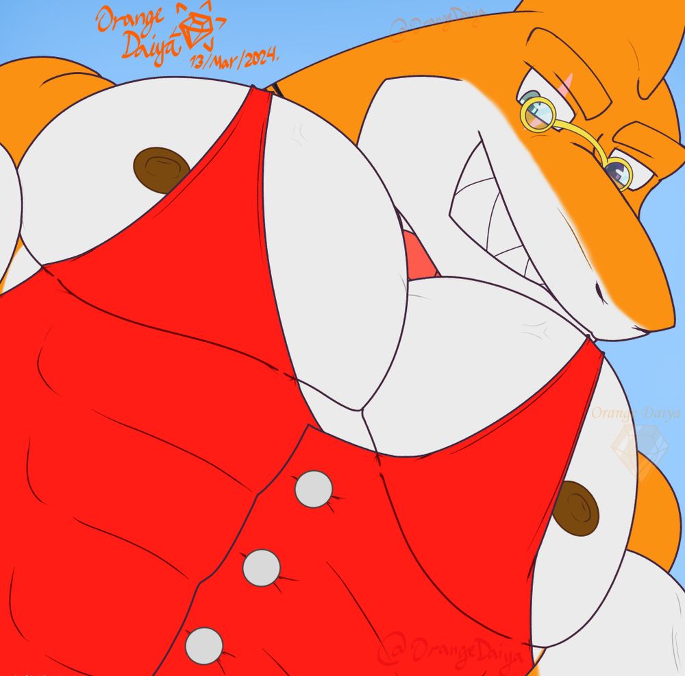 An anthro shark in a vest, glasses and a bowtie staring down at you with his pecs breasting boobily