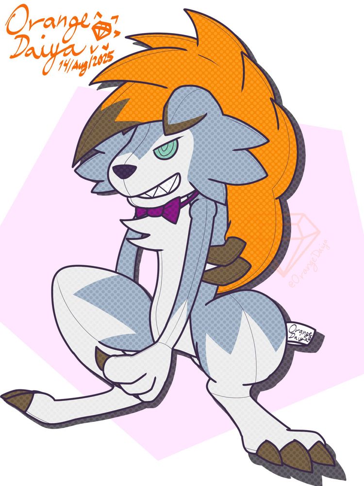 a life sized Lycanroc Midnight form plush with my fursona's (Jazz) color palette and his bowtie