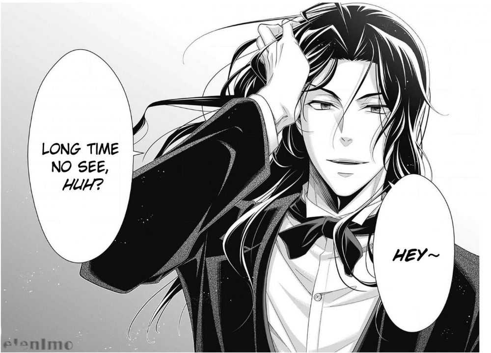 Sherlock Holmes from Moriarty the Patriot manga with long hair and speech bubbles with the text: Hey~ Long time no see, huh?