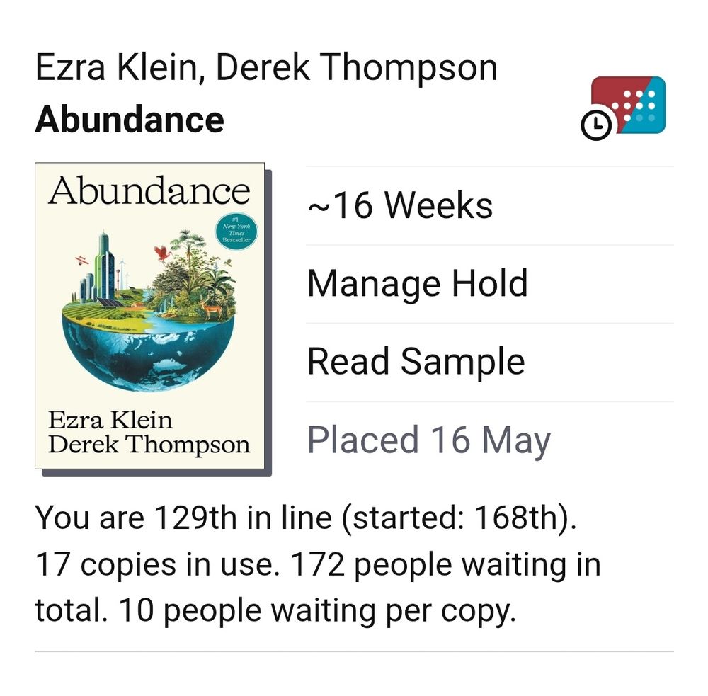 Abundance by Ezra Klein & Derek Thompson with a 16-week wait and 172 people in line to read it at the Austin Public Library 