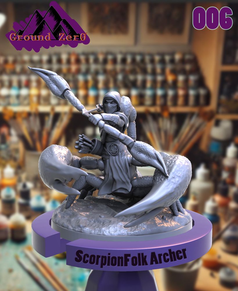 A rendered image of a Scorpion Folk Archer, half man and half Scorpion, the character has a hood and wrap-like clothing on the human part, and the picture is rendered to make you feel like you are holding it with a miniature holder ready to paint in front of your desk full of paints 