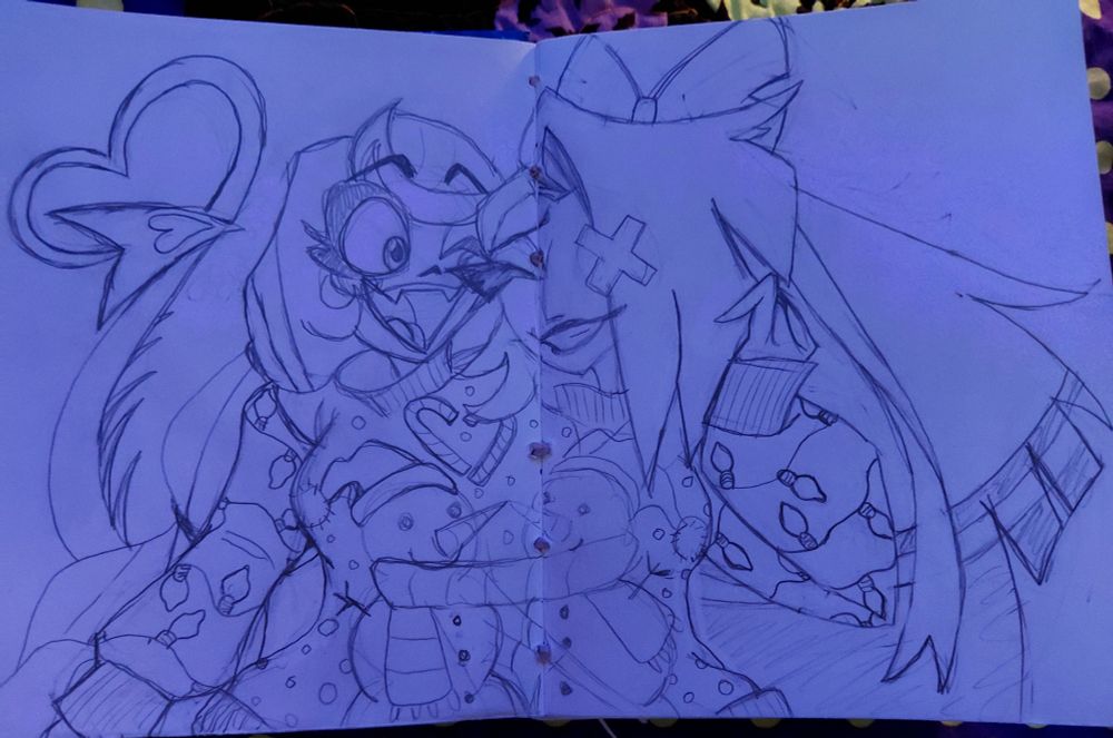 A sketch of Charlie and Vaggi from hazbin hotel. They are wearing a snowman sweater together and smiling.