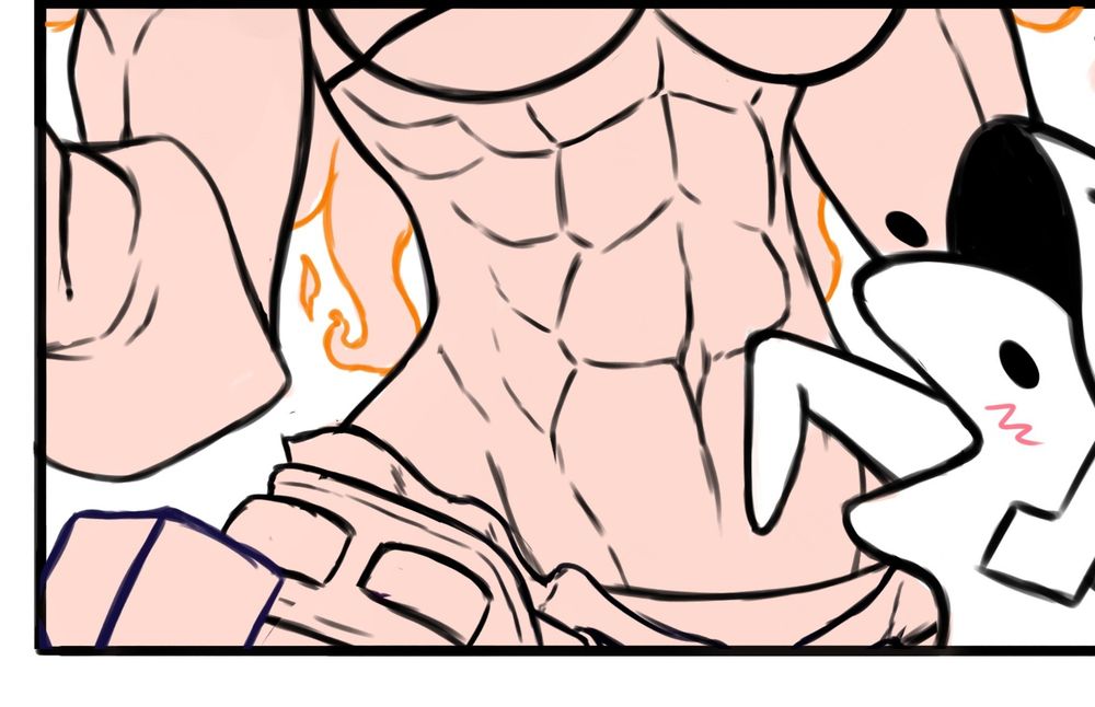 A cropped image of a webcomic with a doodled character licking a woman's abdominal muscles