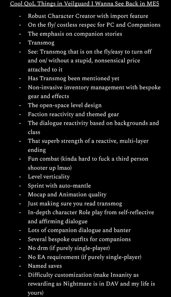A list of all the Quality of Life changes and features in Dragon Age the Veilguard that I'd personally like to see in the next Mass Effect entry.