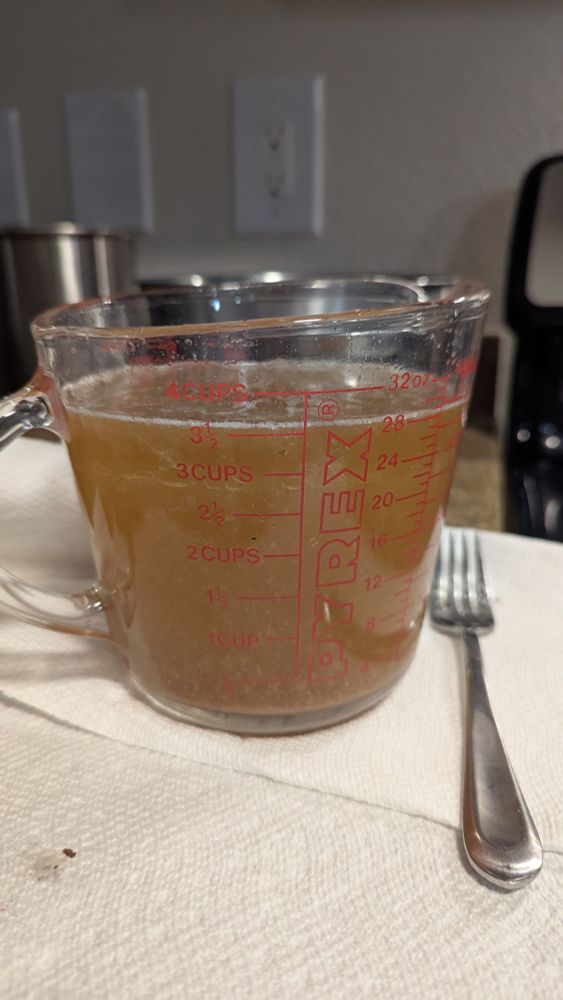 juice and rendered fat from cook pan in a 1 qt Pyrex measuring cup