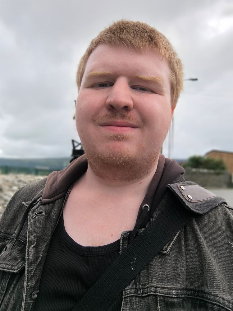Selfie taken outdoors of a white, masc presenting person with short ginger hair wearing a denim hoodie with a black vest underneath