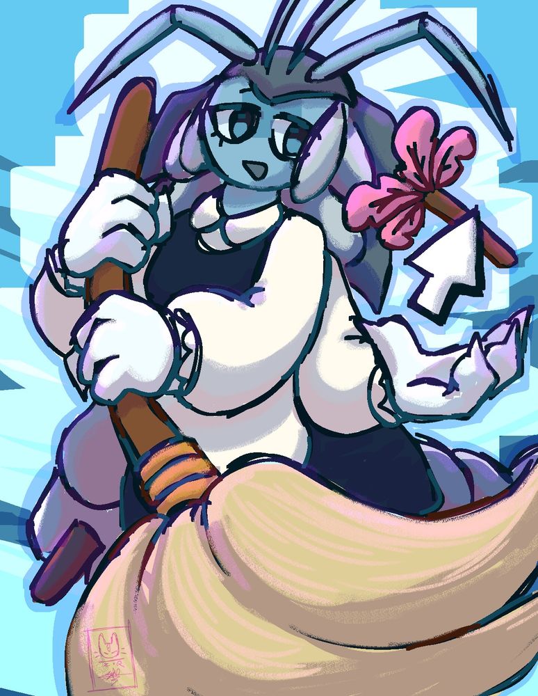 Izzy cleaning up with a broom while having the player (cursor) assist Izzy in her chores 