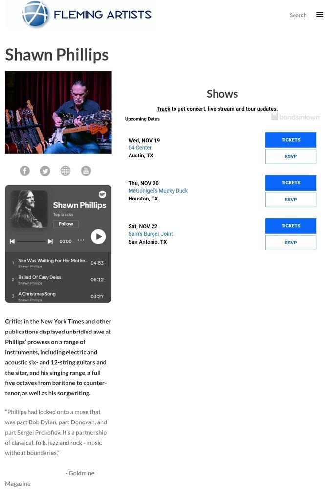 Fleming Artists website, featuring photo of Shawn Phillips with guitars, Spotify music stream, quotes about Shawn, and live music tour dates
