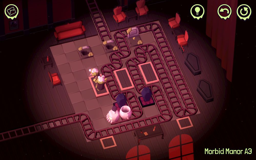 A grid with rails across it, upon which is a short one-carriage train whose engine resembles a skull. There are three graves, two coffins while two zombies are waiting to be picked up.