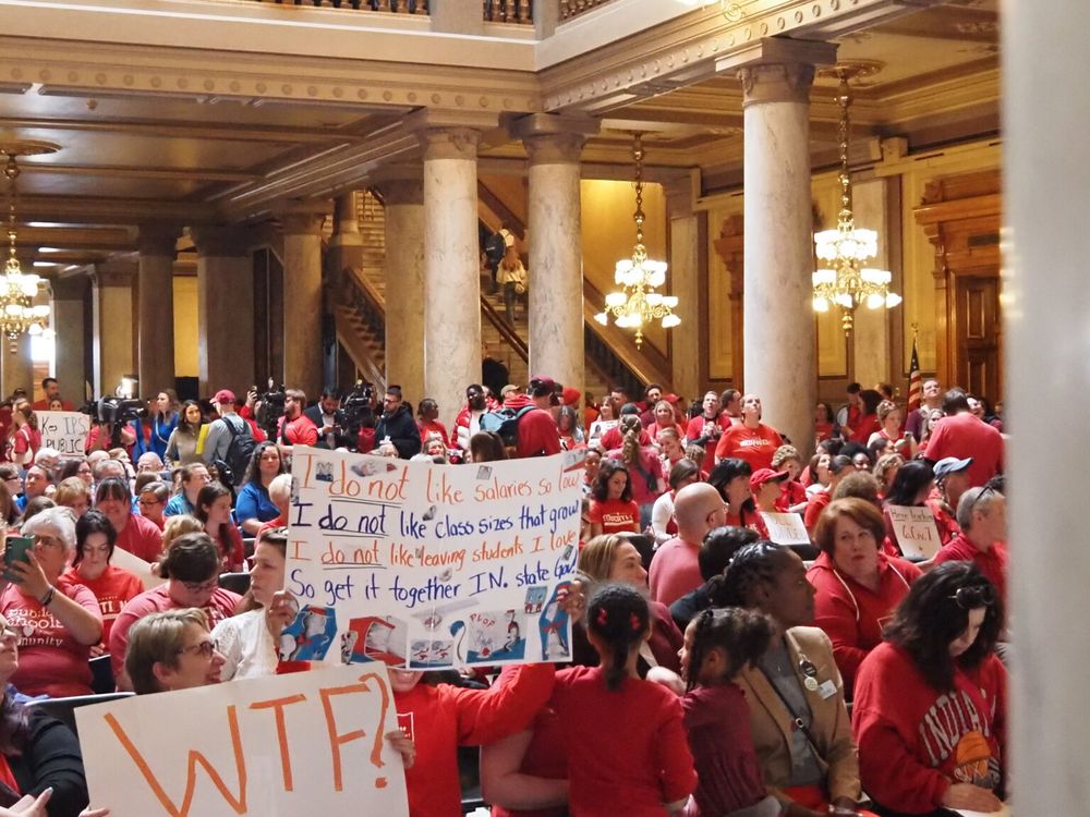 Teachers and families attend a public education rally on Monday, April 14, 2025, at the Indiana Statehouse. (Casey Smith/Indiana Capital Chronicle)
