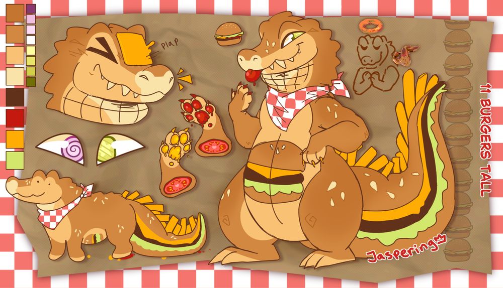Ref sheet of a burger themed alligator. They have a brown body with sesame seed spots, their belly has a burger on it, and their tail is a big long burger. They're wearing a red and white checkered bandana. They have fry osteoderms. Frysteoderms. Technically fry scutes not osteoderms. 
There's also a chibi and a headshot, where a slice of cheese is being tossed on their face. They have an onion and a pickle eye. Fat Alligator. 11 Burgers Tall.