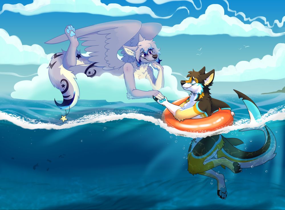 A shaded scene of two anthros in the ocean. A purple-gray female winged wolf is laying on a cloud with her chin resting on her hand as she looks lovingly at her partner, who she's holding hands with. Her partner is a black and tan wolf shark hybrid with teal accents. He is hanging onto an inflatable life ring. His lower half is under water, in an above and below shot of the water.