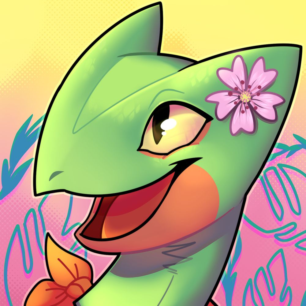 Icon of a sceptile from pokemon with an orange bandana and a pink flower on her head. She's got a happy expression, and is on top of a tropical themed pink and yellow background.