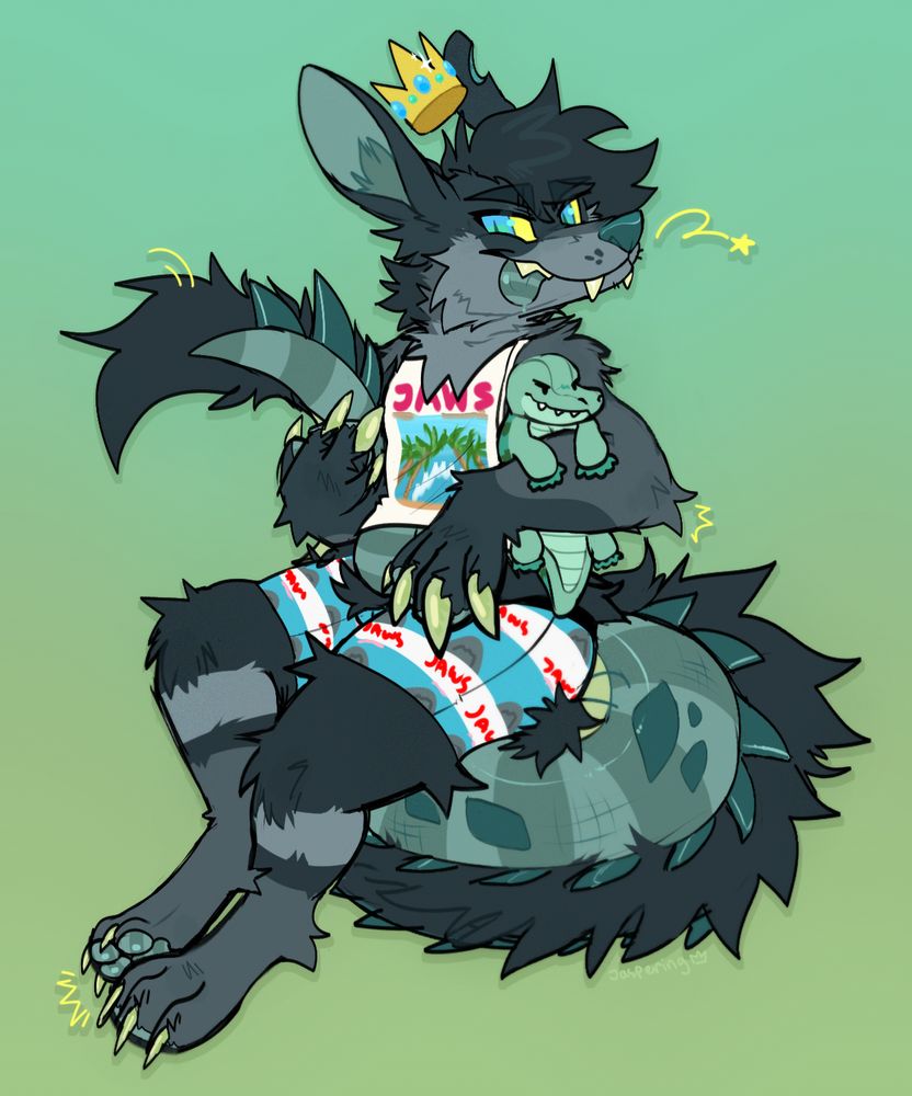 My fursona, who is a gray and green gatordog. He's wearing a JAWS tank top and JAWS all over print boxer briefs. He's holding a weighted wildlife alligator. He's sitting on his big ol gator tail, and is sticking his tongue out at the viewer.