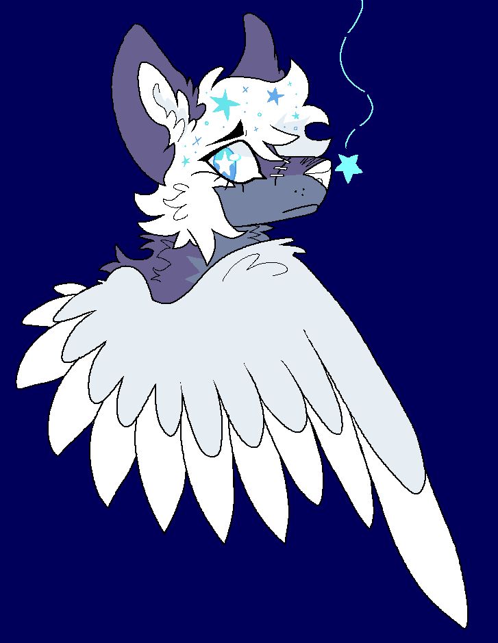 mspaint bust of a winged purple-gray canine. they have white hair with blue stars in it. They have stitches on their snout bridge. Their wing is shielding them from the viewer, and a falling star is in front of their nose. They are looking back at the viewer with a worried expression.
