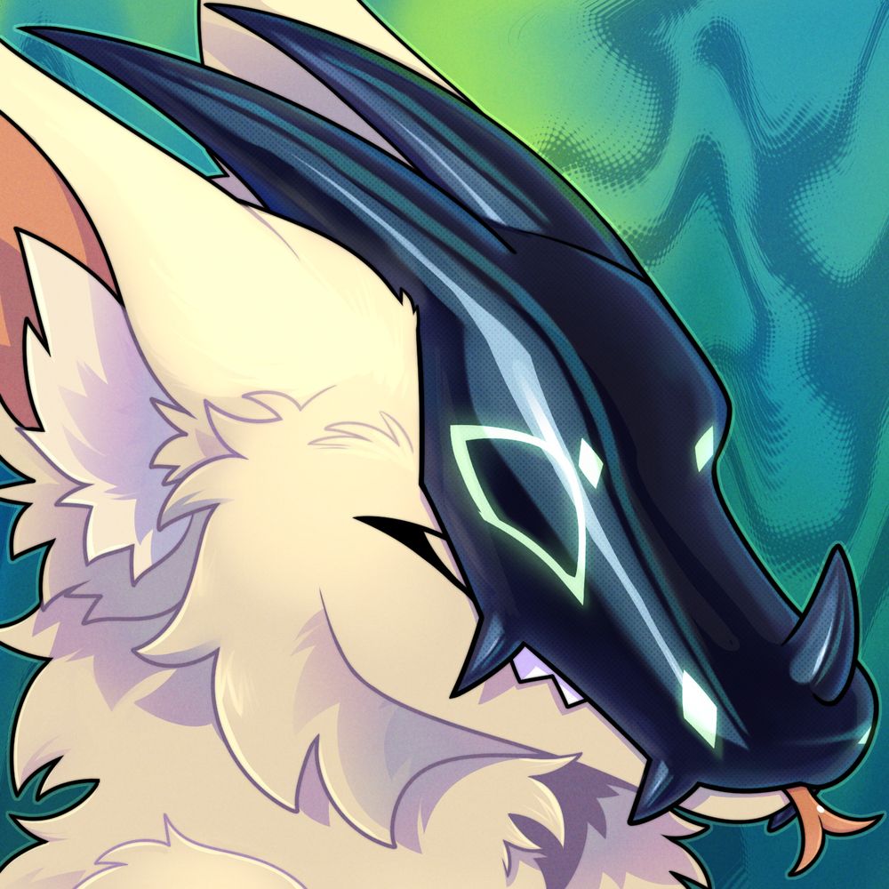 Icon of a tan mantled beast, with a dark shiny visor with many snaggle teeth and a nose horn. They are blepping with a little forked snake tongue.