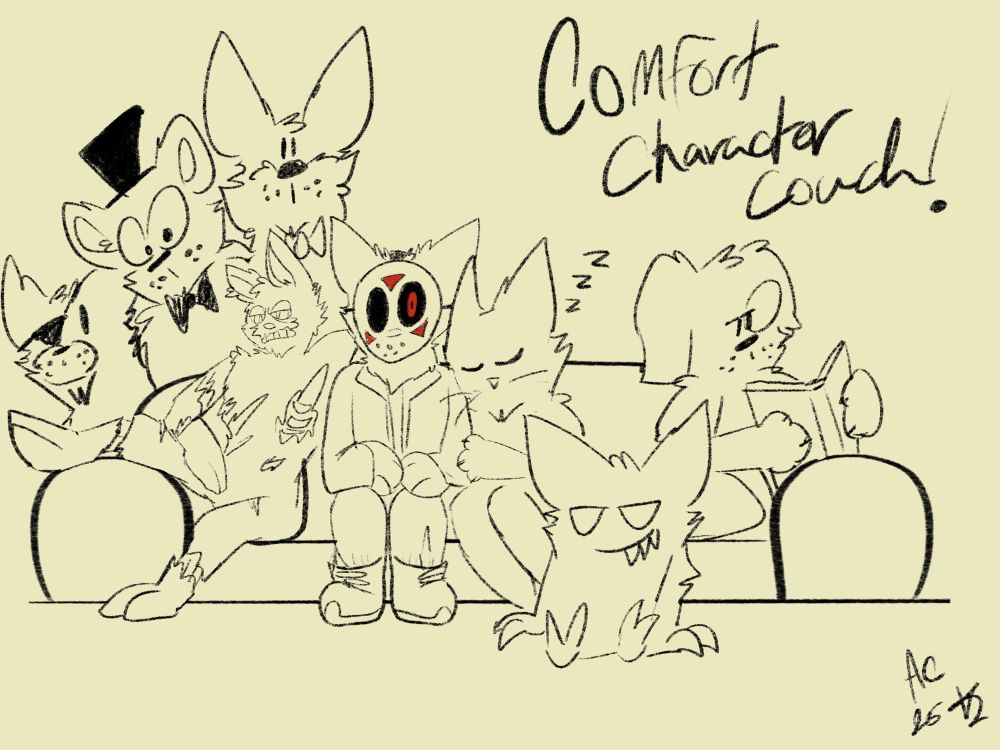 A couch with Foxy, Freddy Fazbear, Bonnie, Springtrap (who looks irritated), Killer Kat, Kat (snuggling Killer Kat), Crawshank sitting on the floor, and Graham reading a book. The title says “Comfort Character Couch!”