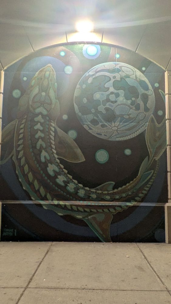 Sturgeon mural with a moon 