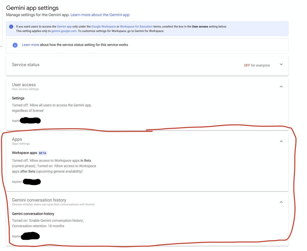 Circled two Gemini settings that appeared in Google Workspace administration panel after Gemini went live. Even if you made sure to disable Gemini before it left beta, these two new settings appeared enabled by default.