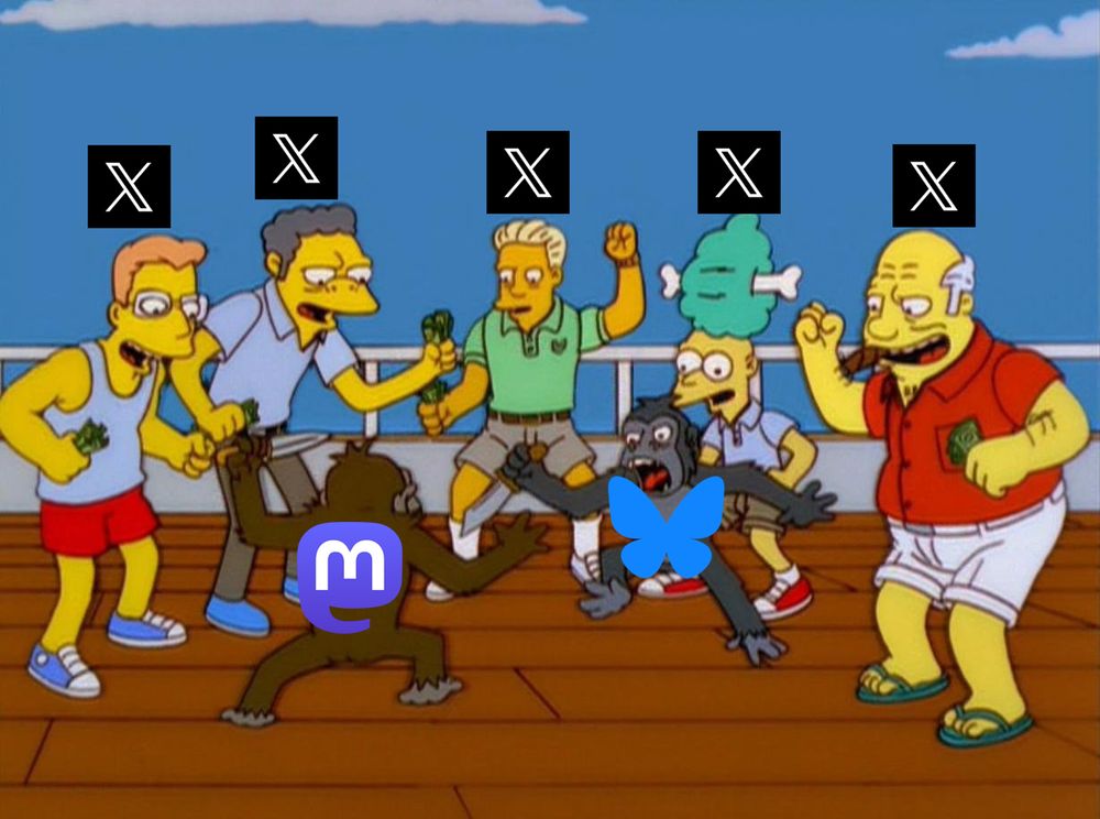 Escena dels Simpson on un grup de personatges aposten en una baralla de monos. Els que aposten són usuaris d'X, mentres els dos monos que es barallen, són Mastodon i Bluesky
