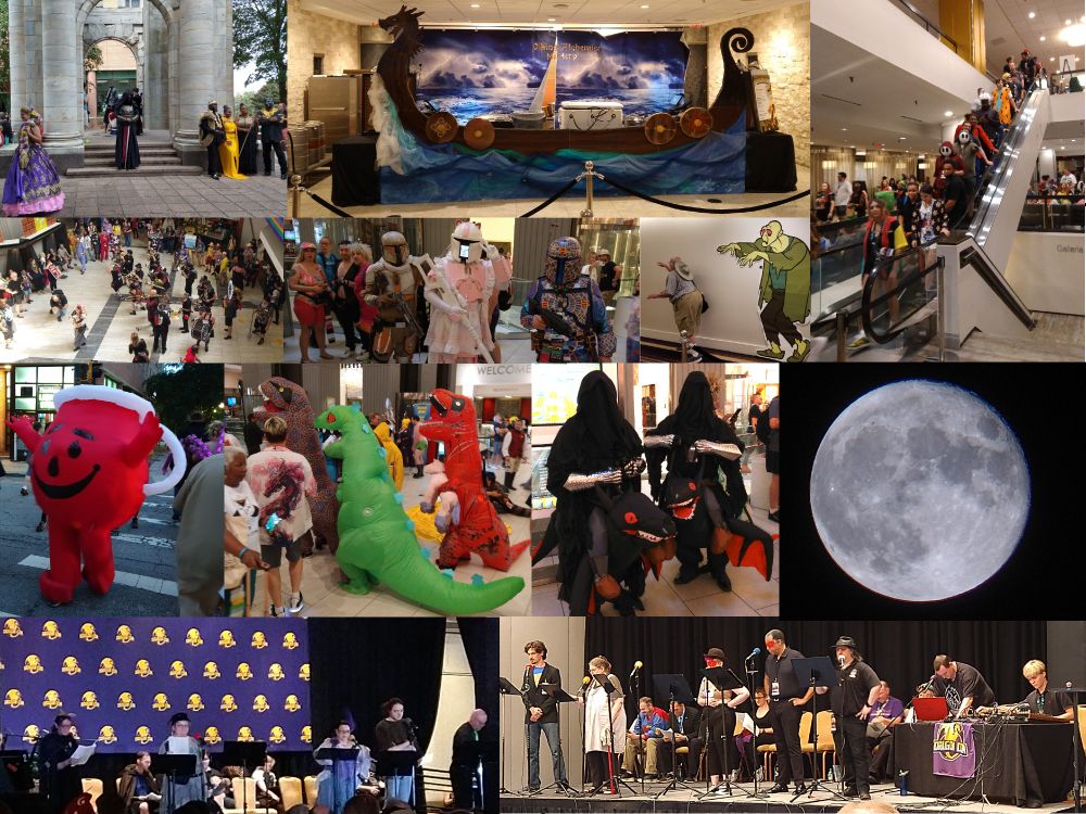 Images from 2023 DragonCon. Cosplayer photoshoots, mead, Marriot escalator crowds again, this is the way, Kool-Aid Man, T. rex congress and Fell Beasts on a budget, moon from Thursday night telescope workshop at the Hilton, and lots of Atlanta Radio Theater Company. Seriously, go see/hear ARTC.