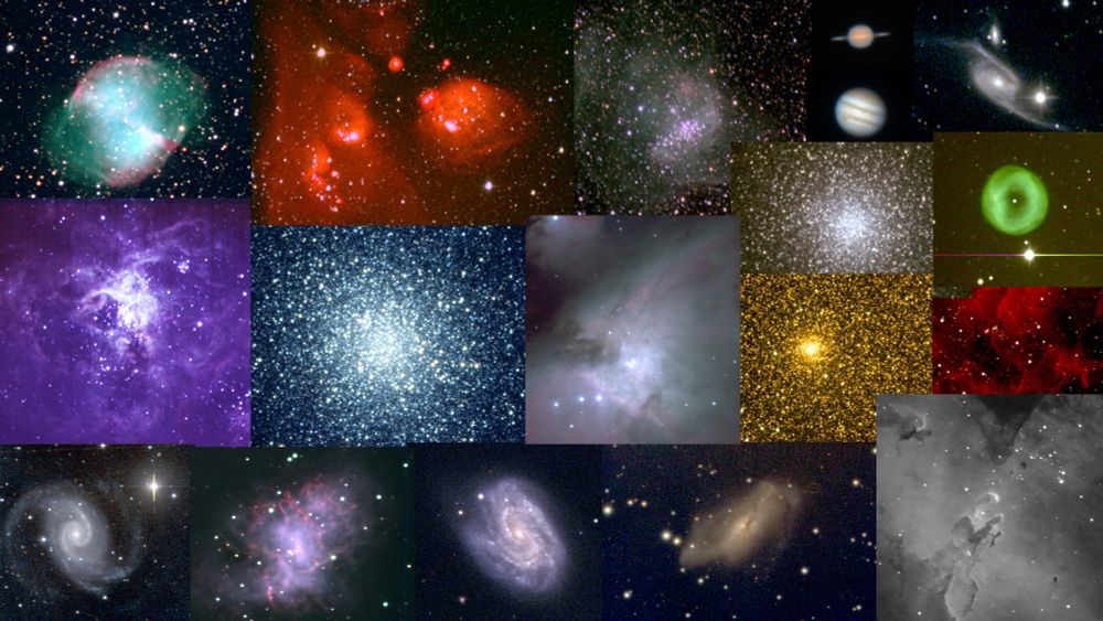 Montage of image created from data taken with SARA remote telescopes during DragonCon Live Astronomy sessions 2018-2024. Dumbbell Nebula, nebulae NGC 470 and 346 in Small Magellanic Cloud, Jupiter.Saturn, Condor Galaxy NGC 6872, Tarantula Nebula, M22, Orion Nebula, globular clusters NGC 6822 and 47 Tucanae, planetary nebula IC 5148, surroundings of supernova 1987A, NGC 1566, Crab Nebula, NGC 157, NGC 2146, Eagle Nebula.