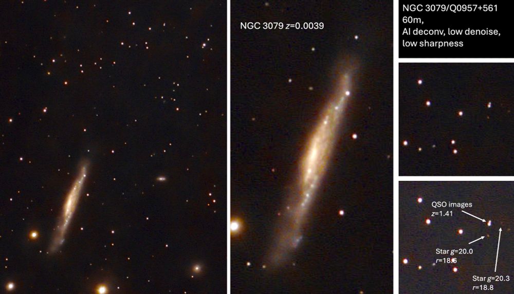 Montage showing Celestron Origin "smart telescope" image of edge-on spiral galaxy NGC 3079 and twin images of distant quasar 0957+561 spit by gravitational effects of foreground galaxy.