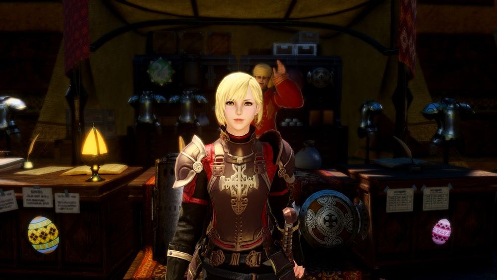 A blonde haired woman wearing armor smiles to herself as she walks away from a merchant's stall.