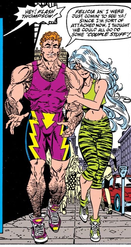 Flash Thompson in a Lycra purple workout outfit.